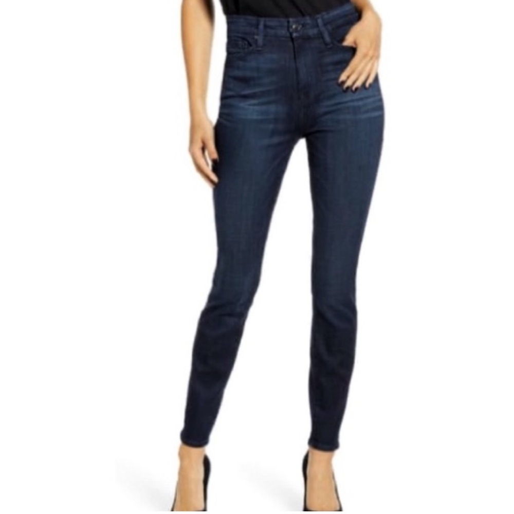 Good American Good Waist High Rise Dark Wash Denim Blue Jeans in BLUE606.